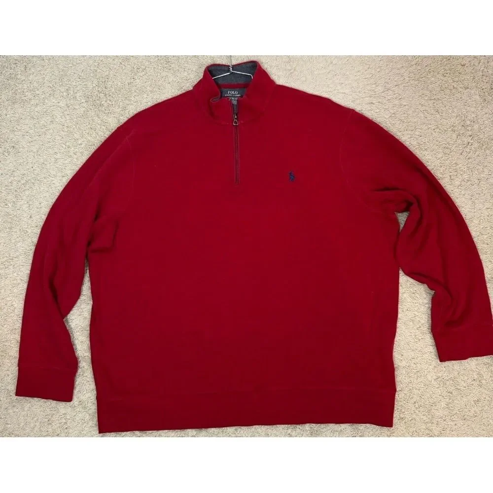 Polo Ralph Lauren Men's Red 1/4 Zip Pullover Sweater 100% Cotton Size XXL Lounge - Picture 4 of 9